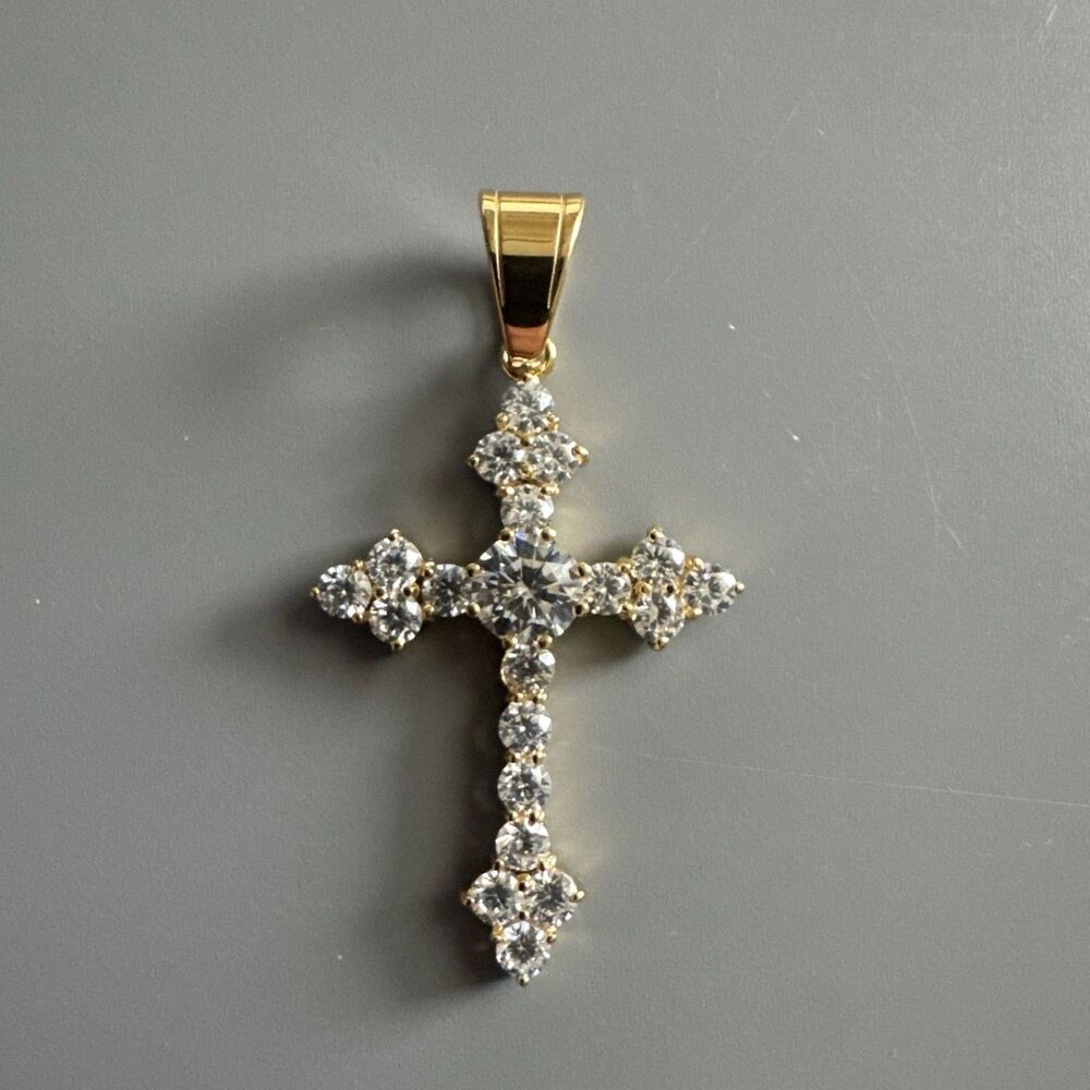 Cubic Zirconia Stainless Steel Cross Pendant Gift Trendy 24” Necklace Gold Tone